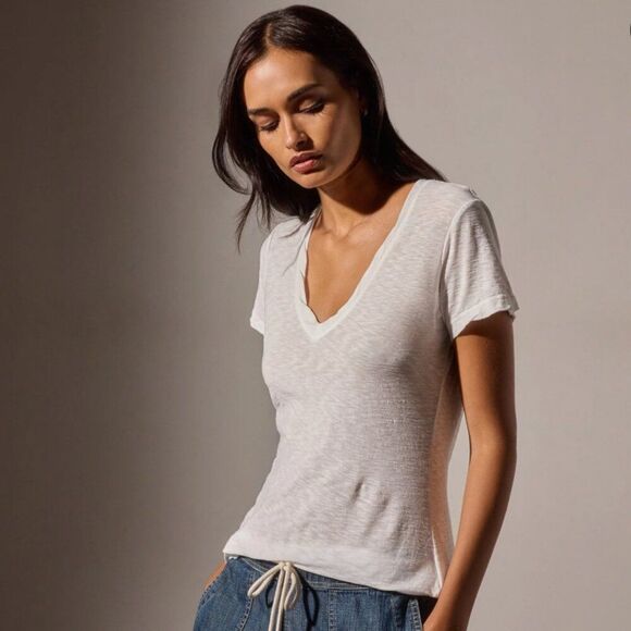 NWT James Perse 0 XS Sheer Slub Casual V Neck Tee Shirt Top White Short Sleeve - Picture 1 of 12